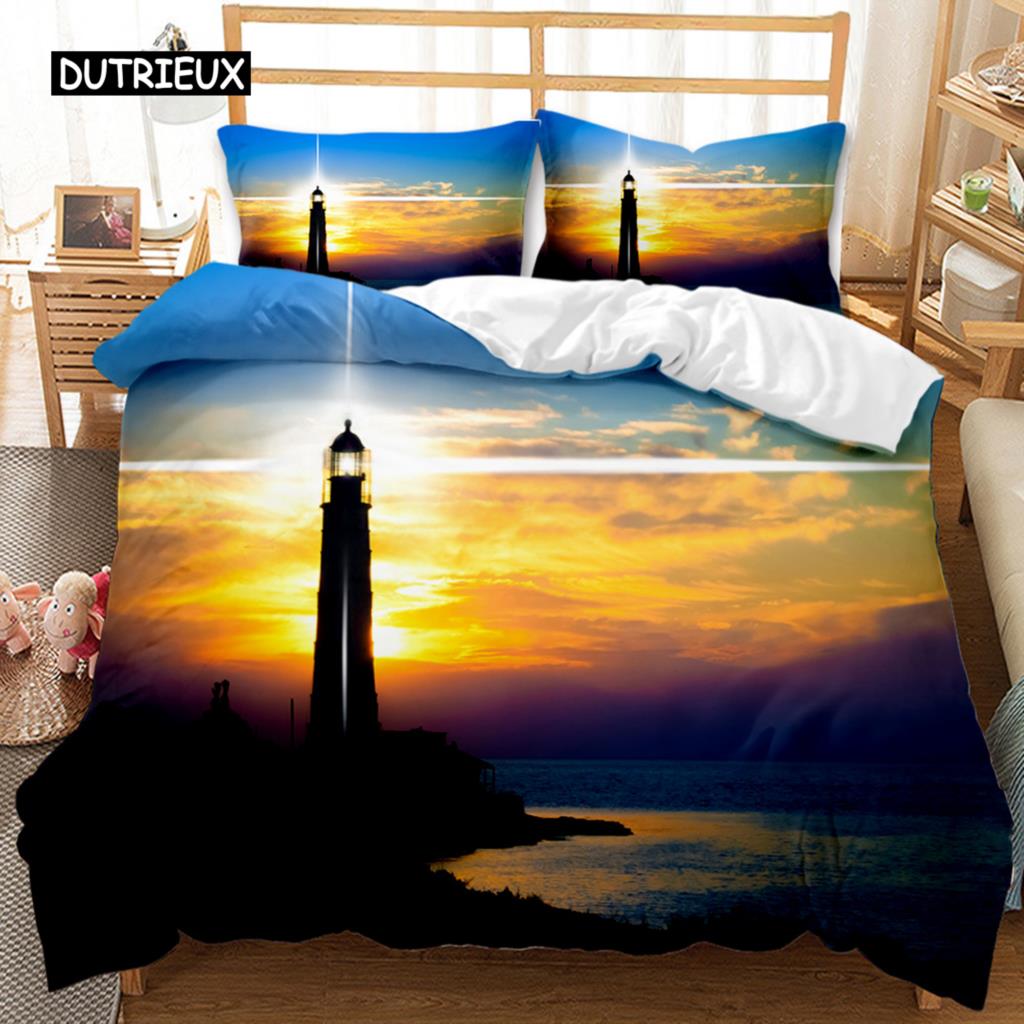 Lighthouse Duvet Cover Ocean Comforter Cover Nautical Quilt Cover Sunset Nature Double Queen King Size Polyester Bedding Set