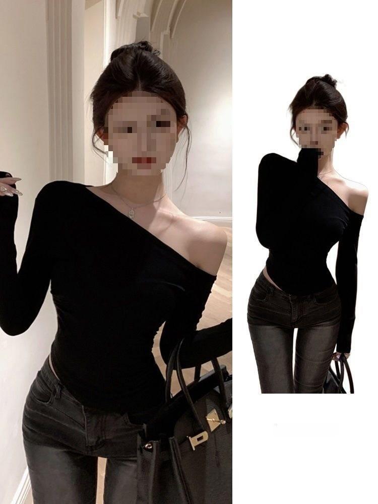 Black Off Shoulder T Shirt With Embroidered Design For Sexy Girl Style