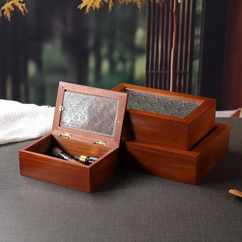 Retro Begonia Glass Lid Wooden Storage Box for Cosmetics, Snacks, Candy, and Documents - Dustproof and Multifunctional