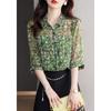 Classic Temperament Printing Single-breasted Blosue Women Office Versatile Polo Collar Summer Half Sleeve Chiffon Lady Shirt
