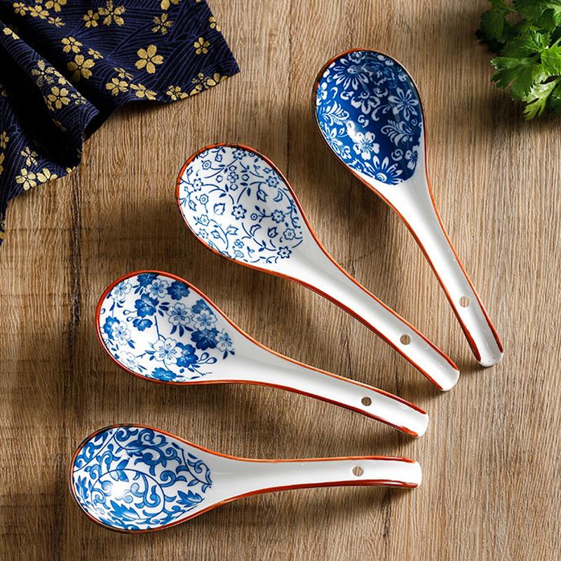 1Pc Blue And White Porcelain Soup Spoon Household Tableware Retro Japanese Style Ceramic Soup Spoons For Home Restaurant