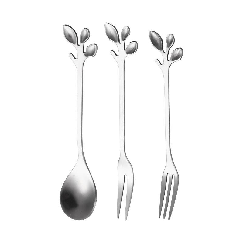 3pcs/set Leaf Tea Spoon Tea Fork Long Stainless Steel Tableware Ice Spoon 12cm Long Fork Dessert Spoon Fruit Fork