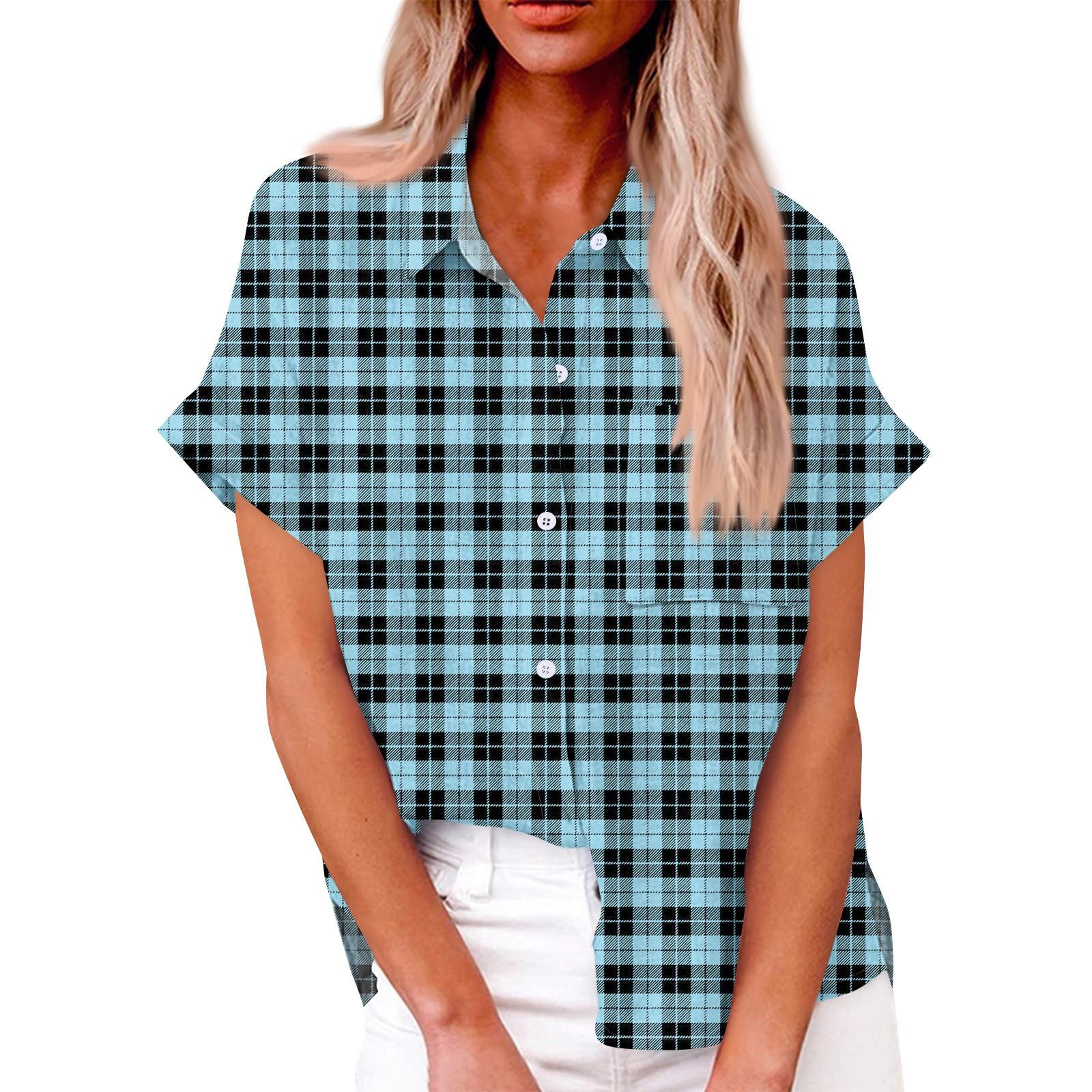 

Женская свободная повседневная рубашка с короткими рукавами и отворотом с цифровым принтом и карманом M