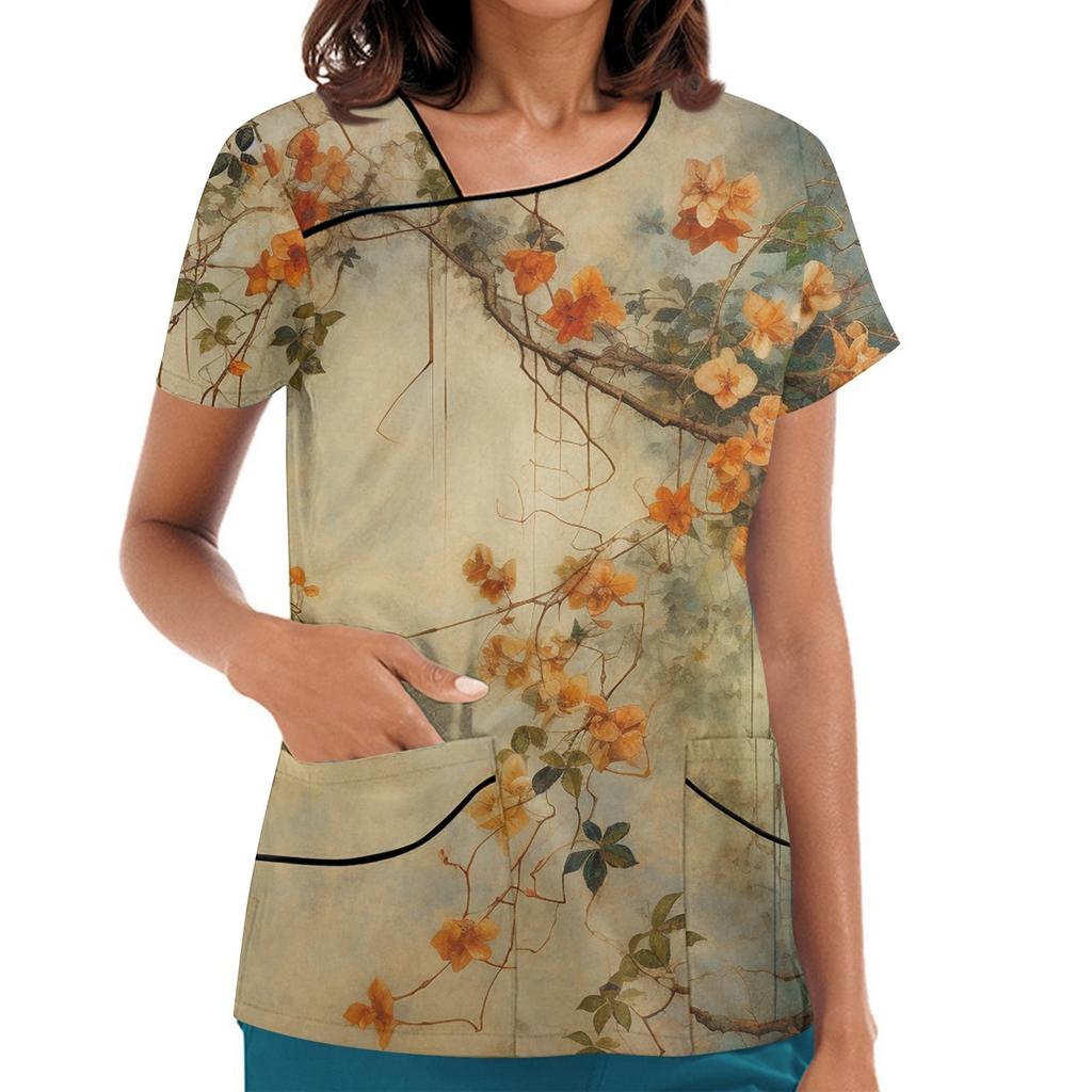 Damen Bedruckte Arbeitskleidung, Schräger Kragen und Doppellagige Taschen, Basic Oberteil Pullover