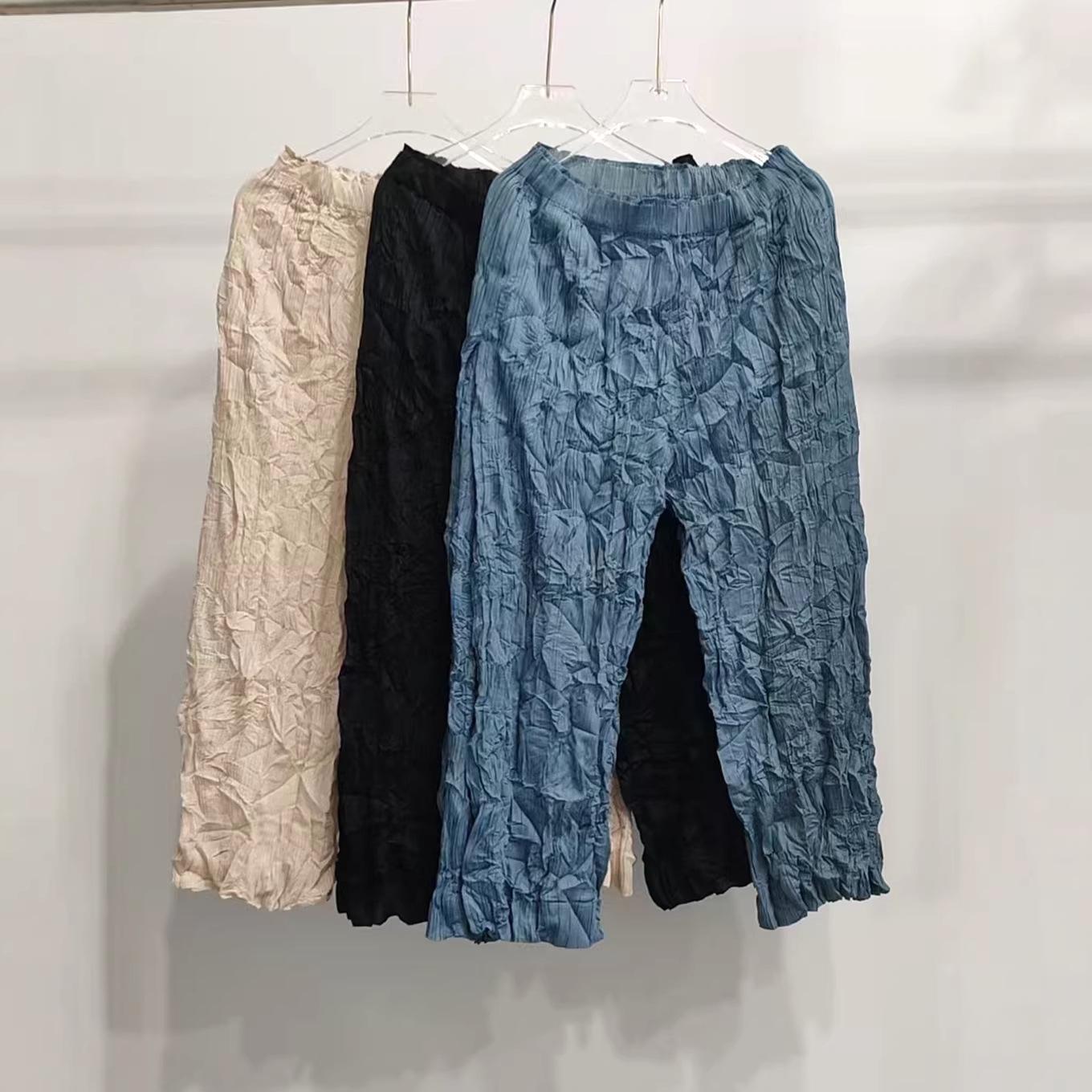 

Women’s Japanese Miyake-Style Elastic Waist Straight-Leg Pants - Spring/Summer Casual, High-End, Loose, Versatile. One Size синий