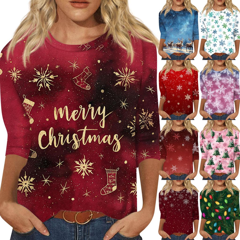 Women's Fashion Casual Christmas Tree Printed Round Neck Three-Quarter Sleeve T-Shirt Top