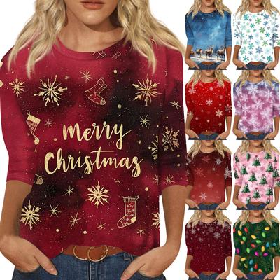 Women's Fashion Casual Christmas Tree Printed Round Neck Three-Quarter Sleeve T-Shirt Top