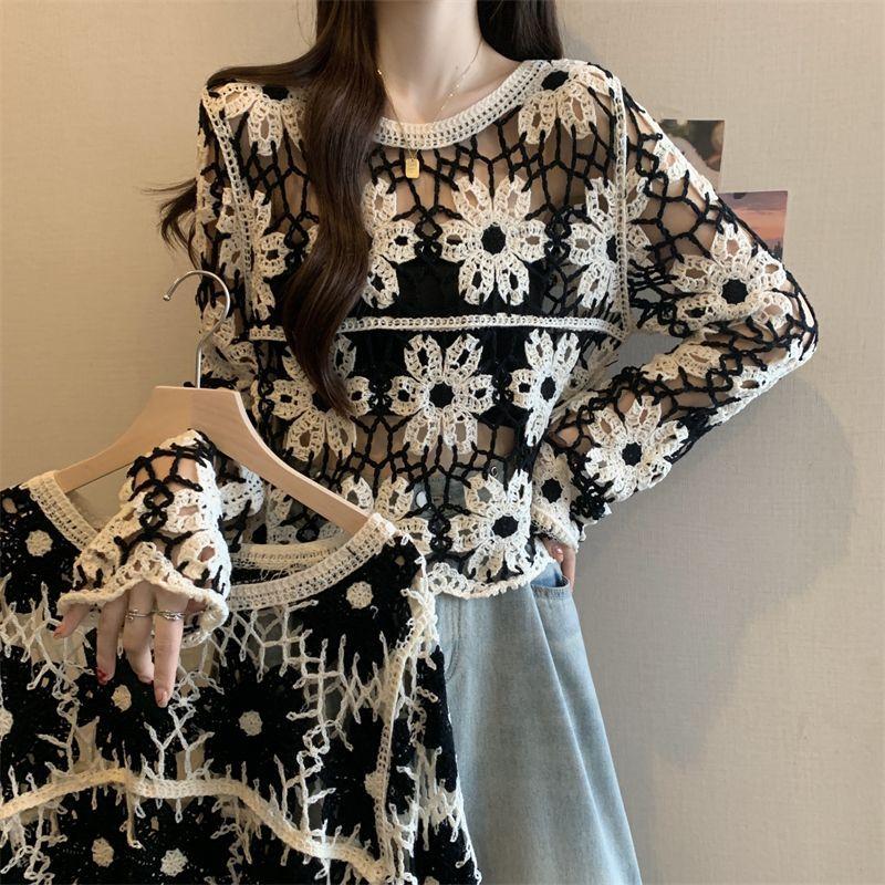 Hollow Out Knitted Shirt for Women Early Autumn New Style Large Size Slim Hollow Top