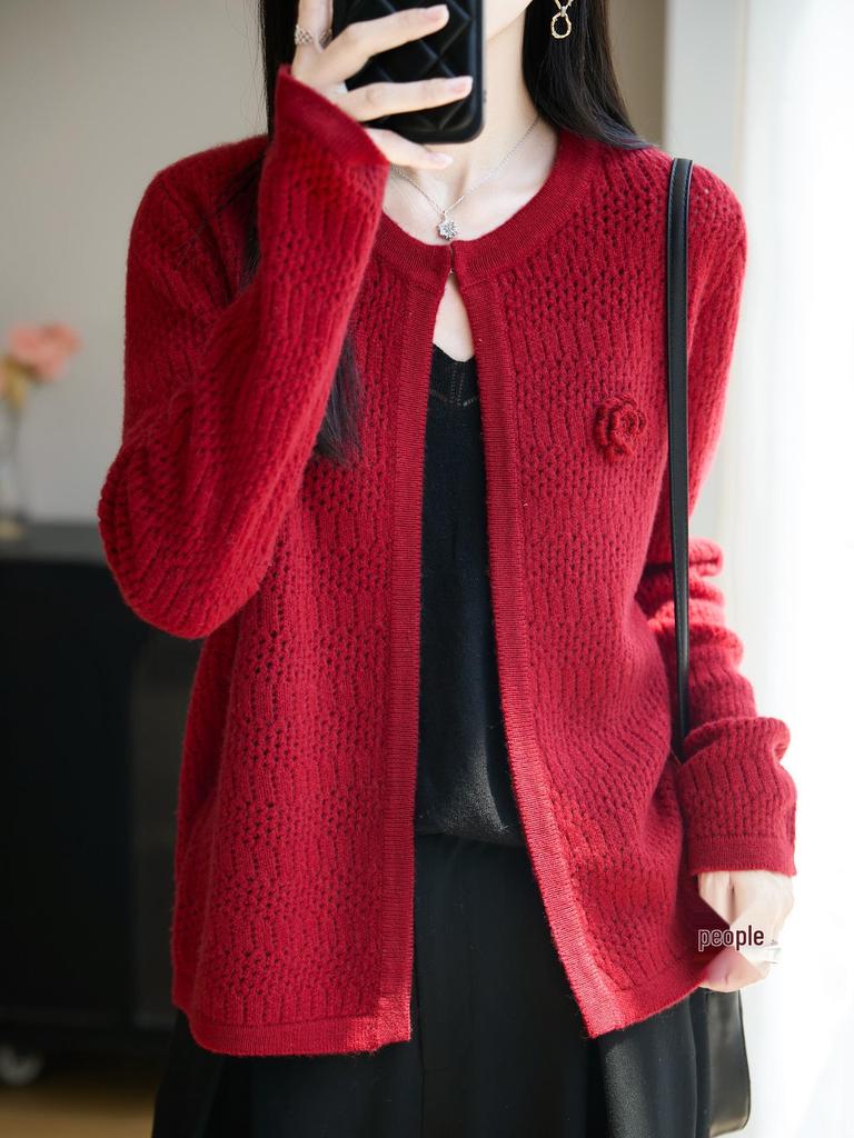 2025 Women's Round Neck Wool Shawl Cardigan: Hollow Out, Loose Fit, Versatile Long Sleeve Outerwear