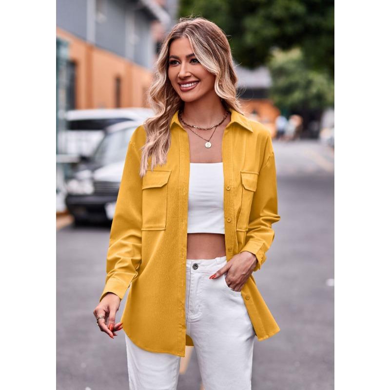 Women S Long Sleeve Solid Color Button Up Shirt With Pockets Casual