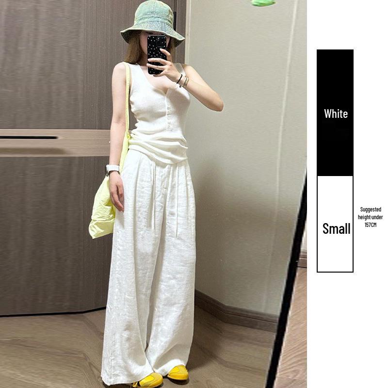 White Cotton Linen Wide-Leg Summer Pants - Women s 2026 Casual Ice Silk Floor-Length Style. L