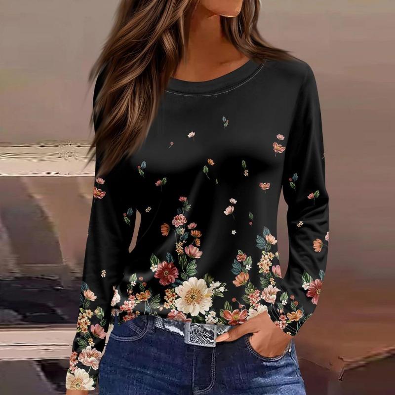 Women's T-shirt 3D Petals Falling Print Fashion Long Sleeve Round Neck Regular Top Holiday Weekend Spring and Autumn Clothing