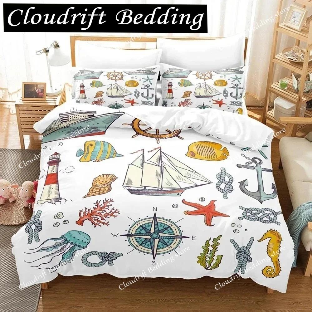 Anchor Duvet Cover Set,Nautical Classic Colors And Anchors Simplistic Design Sailor Ship Polyester Fashion Bedding Set