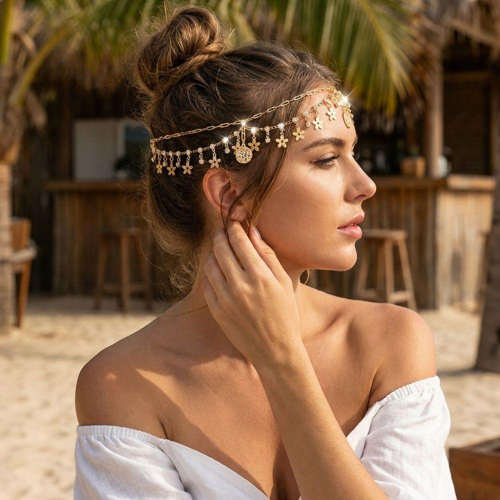 Crystal Bohemian Forehead Headpiece Fairy Rhinestone Forehead Chain Long Tassels Hair Chain Girls