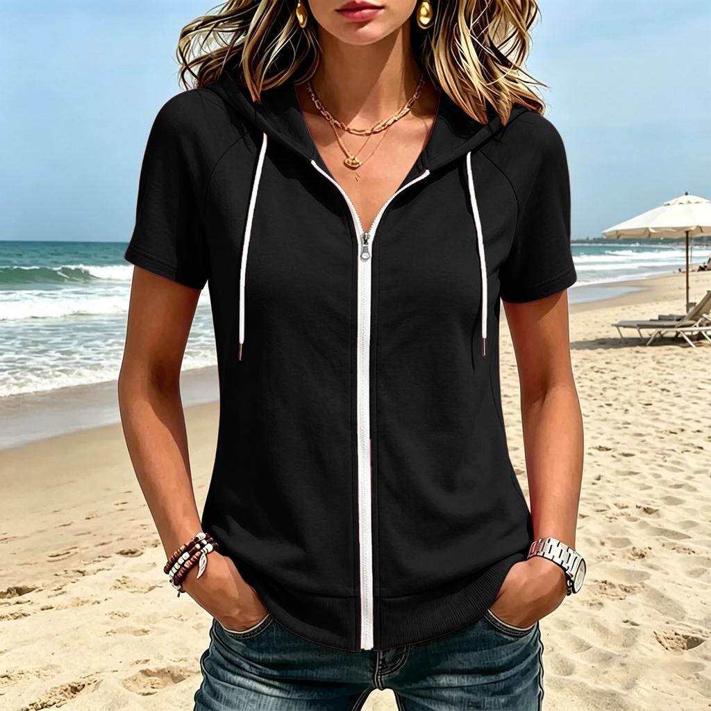 Moletom com Zíper Manga Curta Colorido Feminino Corte Solto Jaqueta Casual