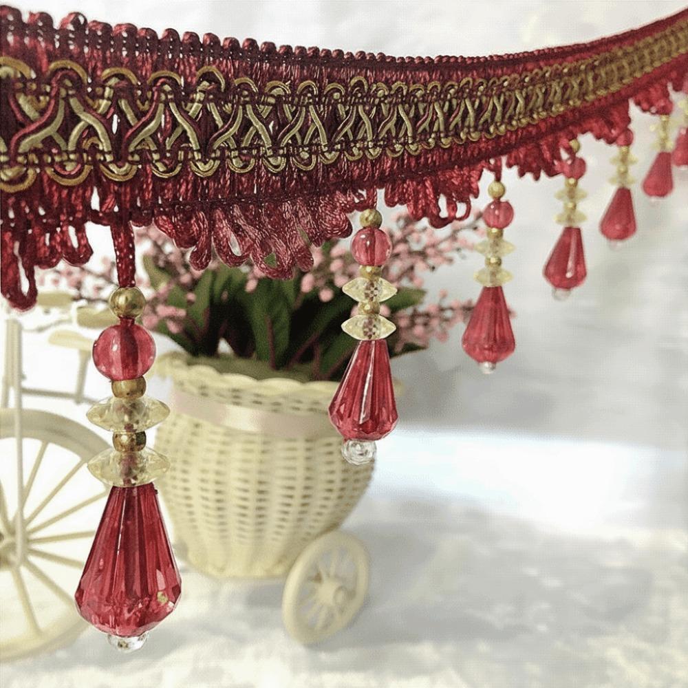 

12M Woven Texture Vintage Fringe Trim Crystal Hanging Beads Lace Trim Ribbon Window Treatment