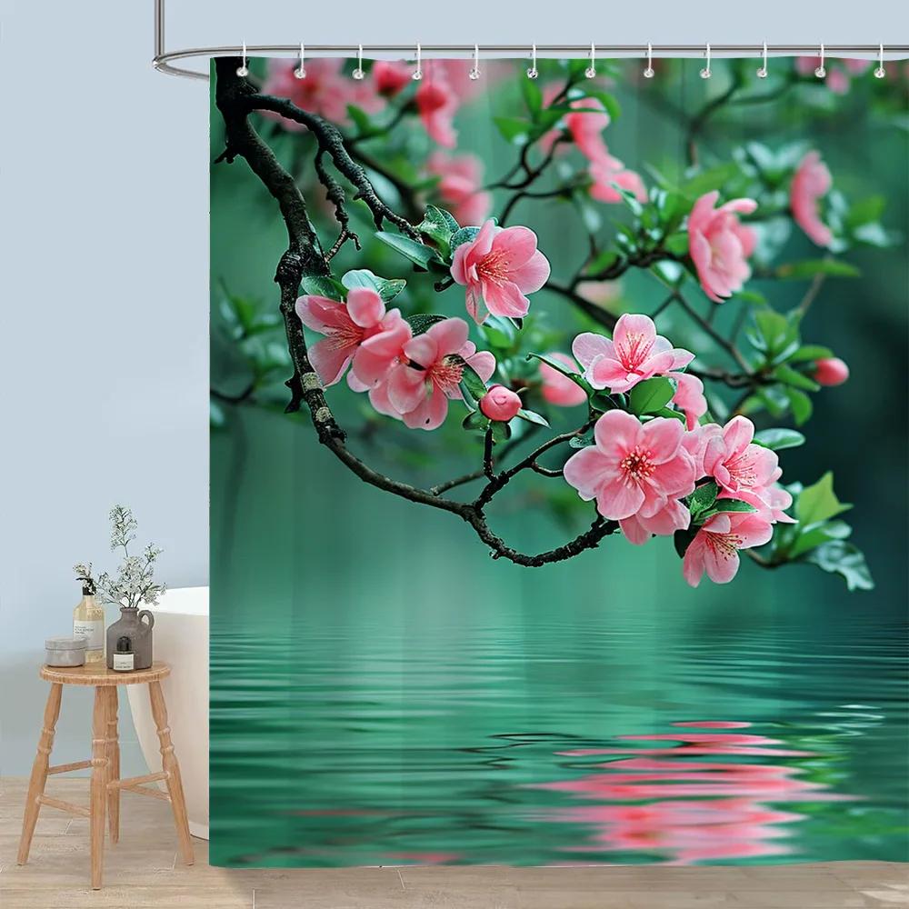 Pretty Floral Shower Curtain Blooming Flower Butterfly Lotus Polyester Fabric Home Shower Curtains Bathroom Decor With Hooks