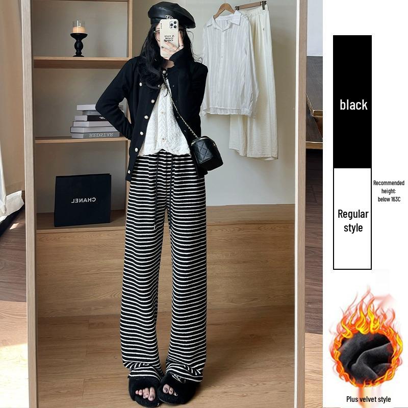 Women's Petite High-Waisted Black & White Striped Wide-Leg Pants - Autumn/Winter Casual Loose Fit with Plus Velvet