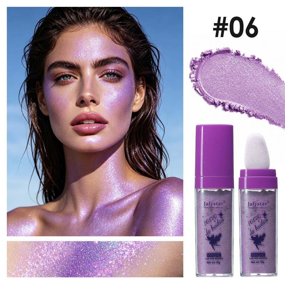 Julystar Glitter Powder, 6 Colors Magic Shimmer Highlight Pat Powder for Body Face Shining, Sparkle Fairy Dust Beach Party Makeup for Hair & Lips