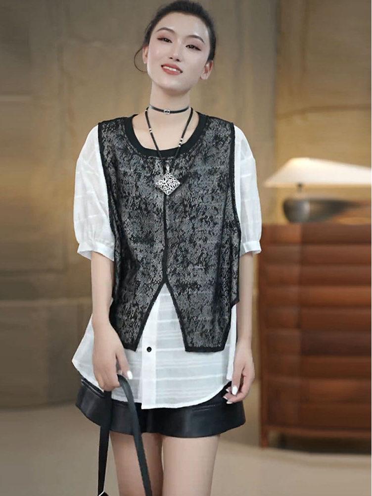 Korean Summer Lace Crochet Leaf Vest Spliced Women's Loose Pullover Top