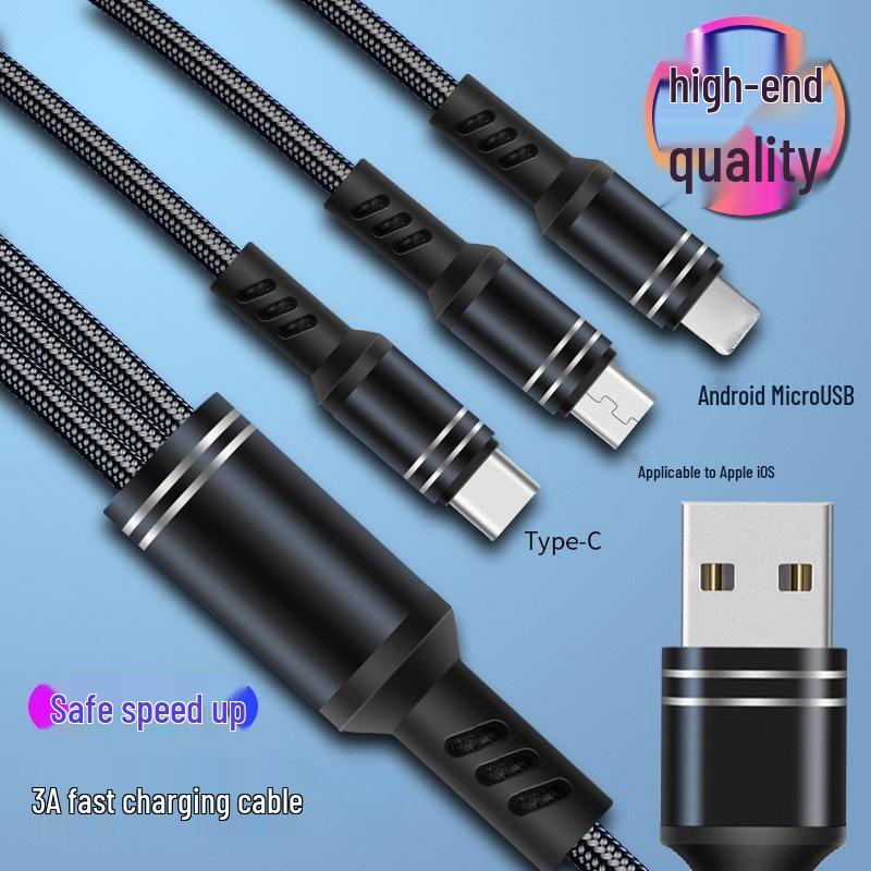3A Fast Charging Braided Cable: One-to-Three USB, Type-C, Apple Compatible