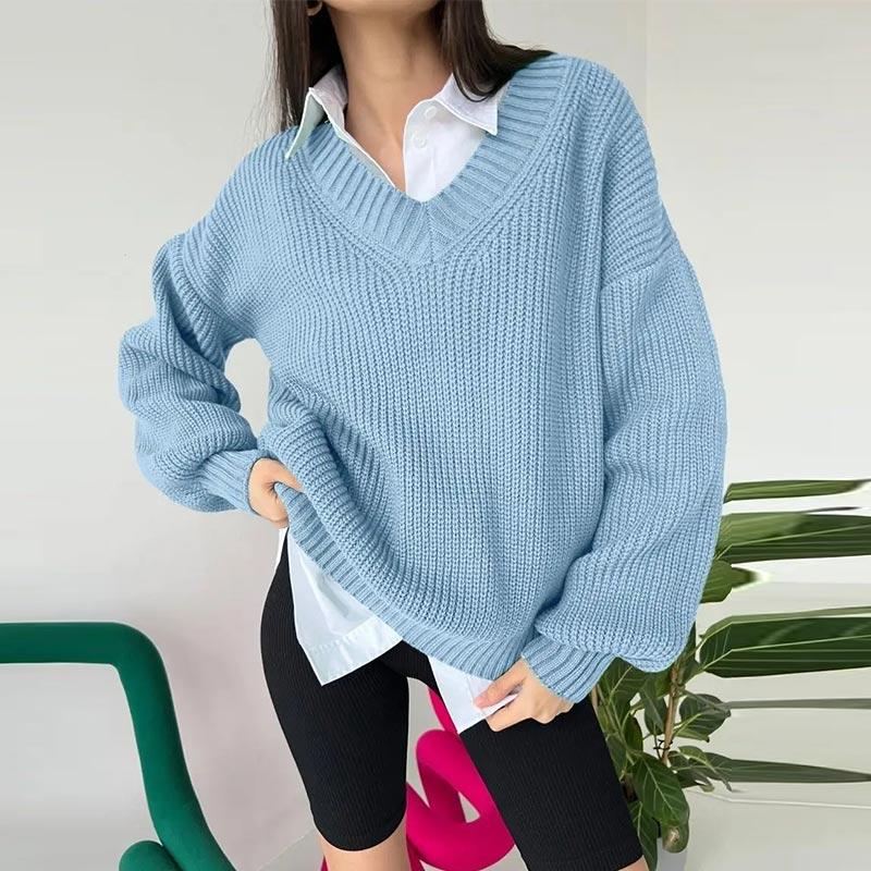 Autumn and Winter Women's Knitted Sweater Casual Pure Color Long Sleeved V-neck Pullover