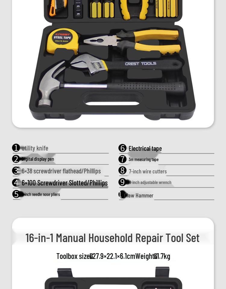 Household Repair Tool Set: Pliers, Hammer, Wrench, Combination Box
