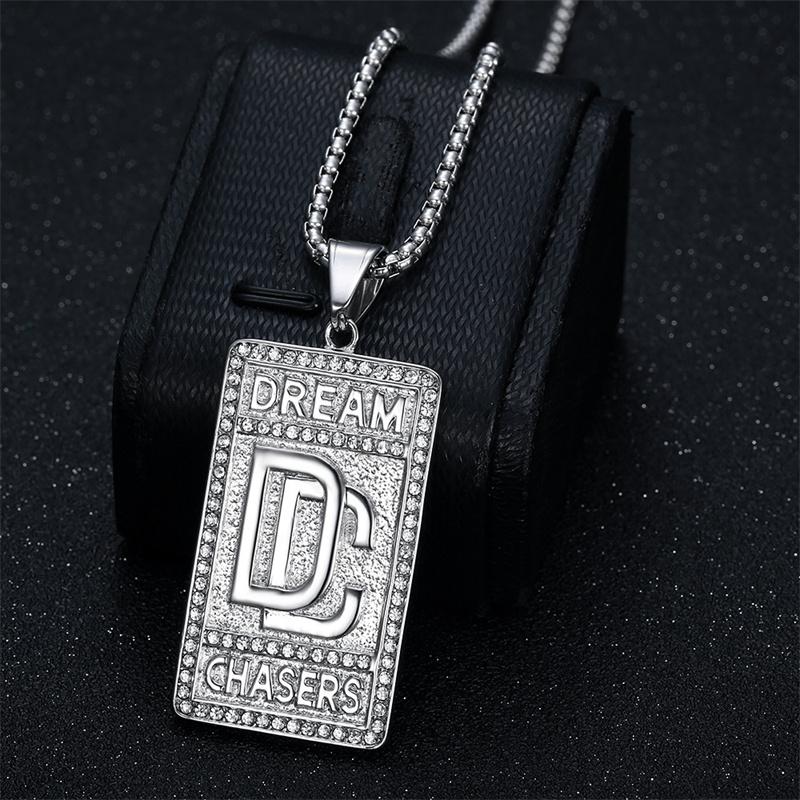 A Custom-designed Hip-hop Style Stainless Steel Gold-plated Cubic Zirconia Crystal Pendant Men's Necklace with Square Pearl Chain.