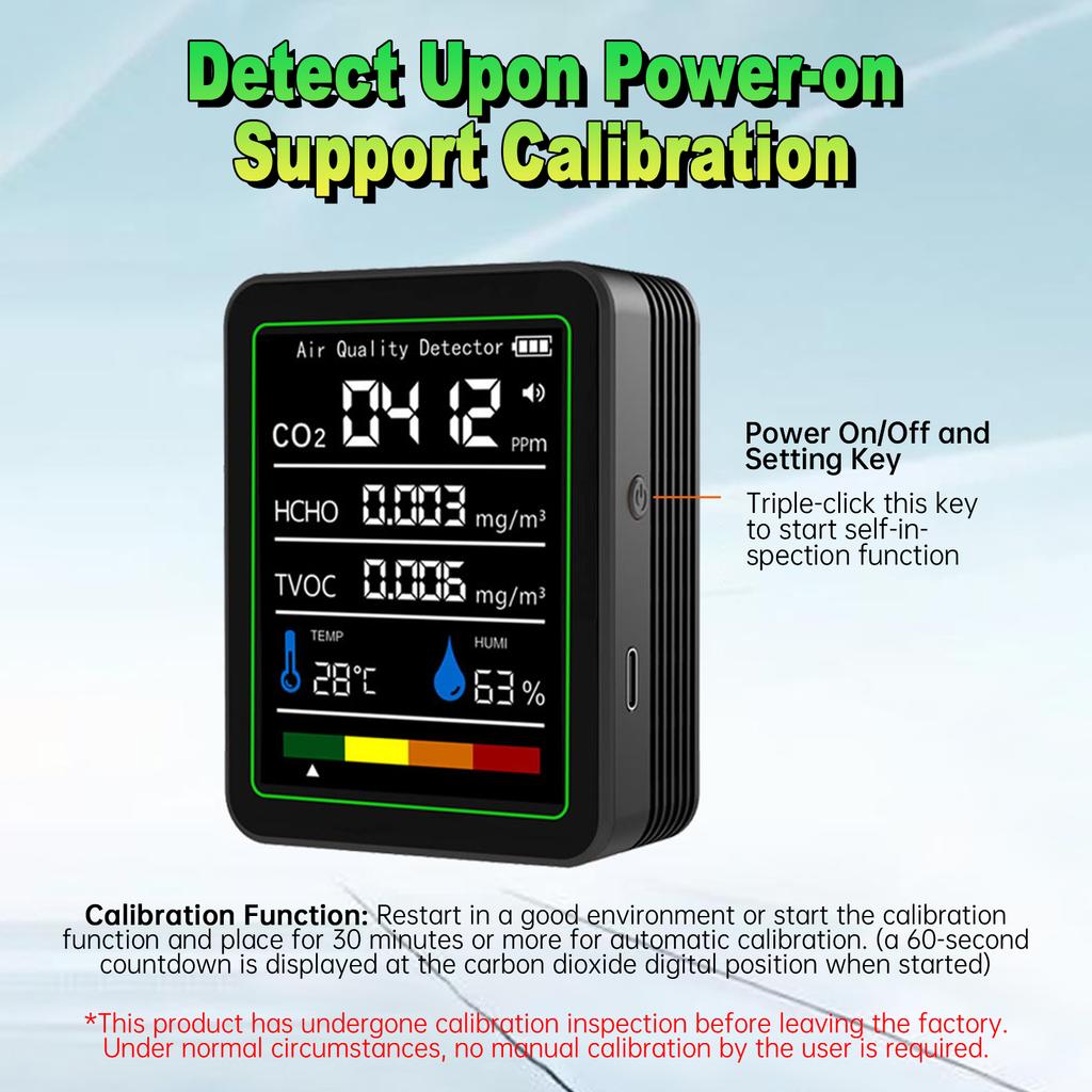 5 In 1 HCHO Meter, Portable Temperature and Humidity Meter with Color Screen for Home, Office, Vehicle, Detect CO2 TVOC