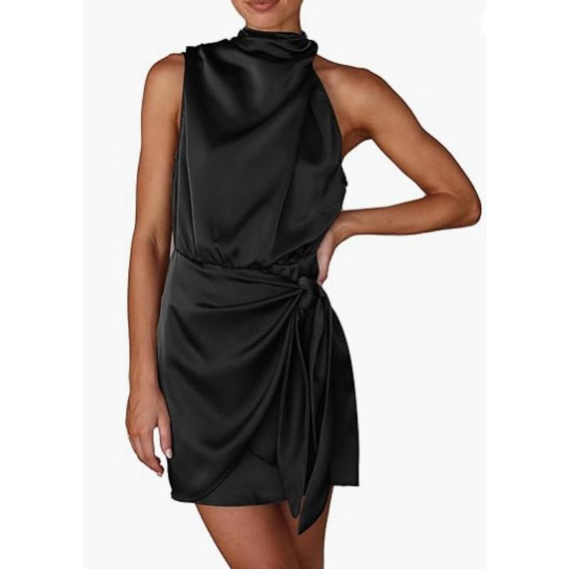Women's Spring Summer Formal Satin Mini Dress High Neck Sleeveless Knot Waist Cocktail Party Bodycon Dress