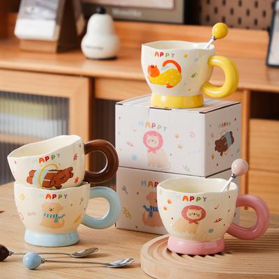 Cartoon Cute Animal Fat Handle Ceramic Mug with Spoon Afternoon Tea Breakfast Cup Drinking Water Cup Souvenir Gift