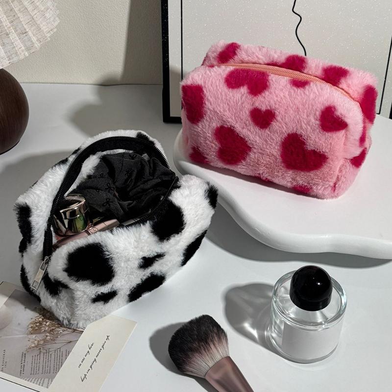 Cute Sweet Heart Pattern Plush Pencil Case Girly Women Large Capacity Cosmetic Bag Travel Portable Storage Bags Organizer Gifts