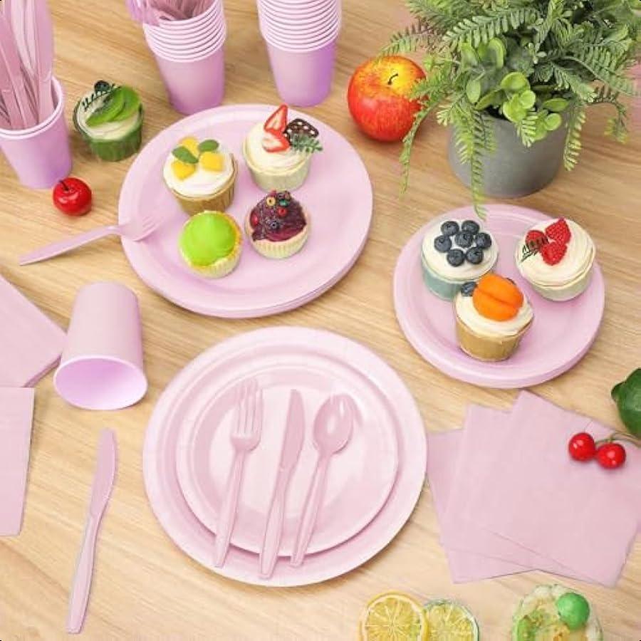 168 Pcs Pink Paper Plates and Napkins Mother Day Plates Light Pink Party Supplies Include Round Plate Napkins Cups Plastic Spoo