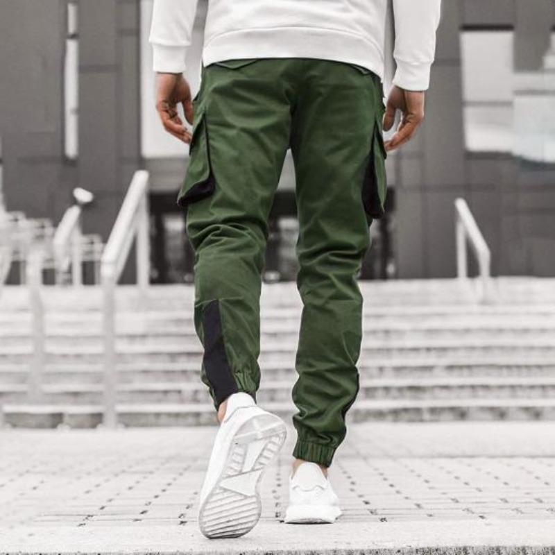 Yousheng Men Cargo Pants Ankle-banded Drawstring Elastic Waist Loose Solid Color Sweatpants with Pockets Retro Style Ankle Length Trousers