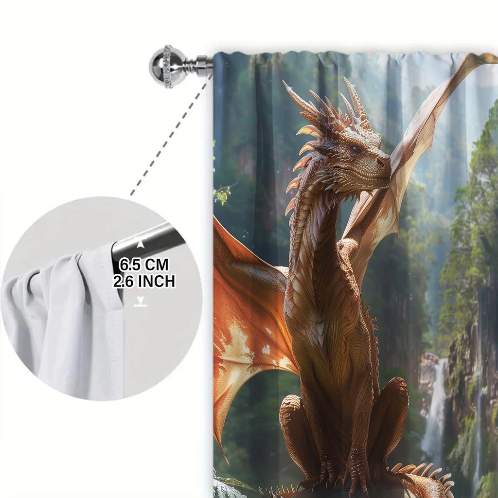 2 stk Dominerende Drage Trykt Gardin for Hjemmedekor - Stanglomme Vindusbehandling for Soverom, Kontor, Kjøkken, Stue,