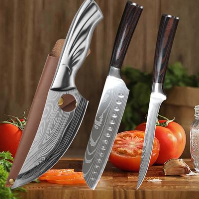 Juego de 3 cuchillos de cocina, cuchillos de chef hechos a mano, forjados, con patrón de Damasco, afilados cuchillos japoneses Santoku, cuchillos multiusos para cortar