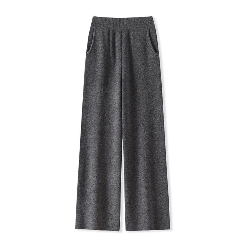 Women's 100% Wool Knit Wide-Leg High-Waist Floor-Length Pants for Autumn/Winter Casual Wear