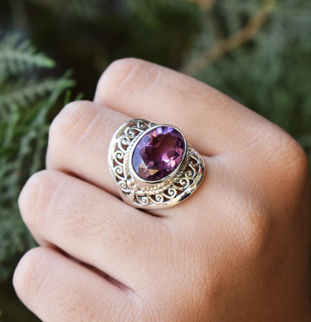 Natural Amethyst Ring, 925 Sterling Silver Jewelry, Gift for Mother, Vintage Inspire Jewelry