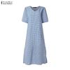 ZANZEA Women Grid Print Casual V-Neck Loose Half Sleeve Dress
