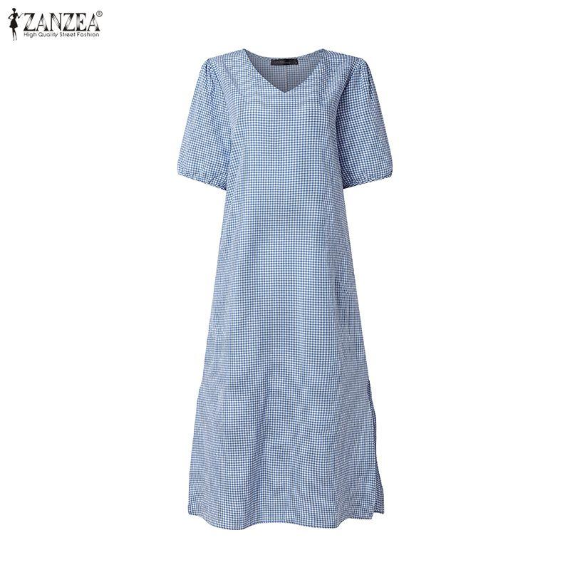 ZANZEA Women Grid Print Casual V-Neck Loose Half Sleeve Dress