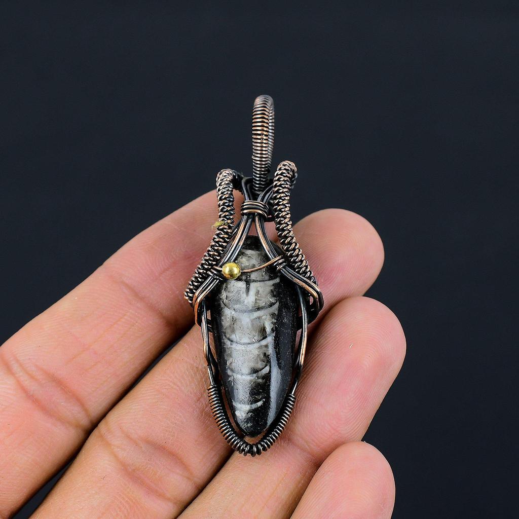 Orthoceras-Fossil-Edelstein, reiner Kupferdraht, umwickelt, handgefertigter Anhänger-Schmuck