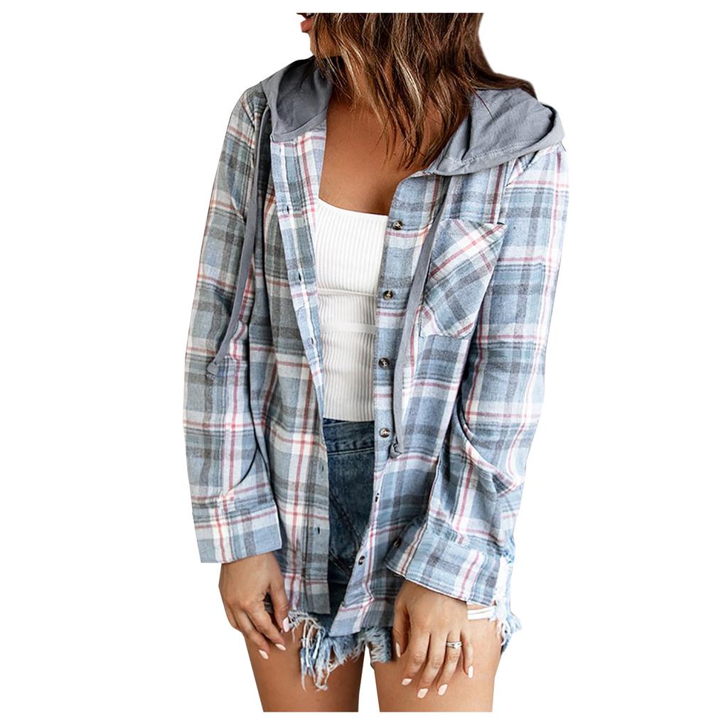 Women Loose Top Plaid Color Block Long Sleeve Casual Ladies  Blouse Coat Shirt Jacket