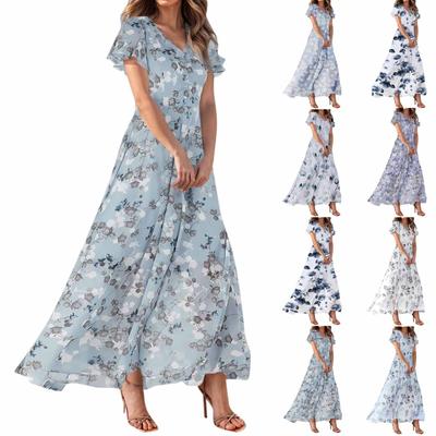 Women's Summer Dresses Casual Short Sleeve Maxi Dresses Cute Floral Maxi Dresses Wedding Guest Dresses Chiffon Flowing Dresses