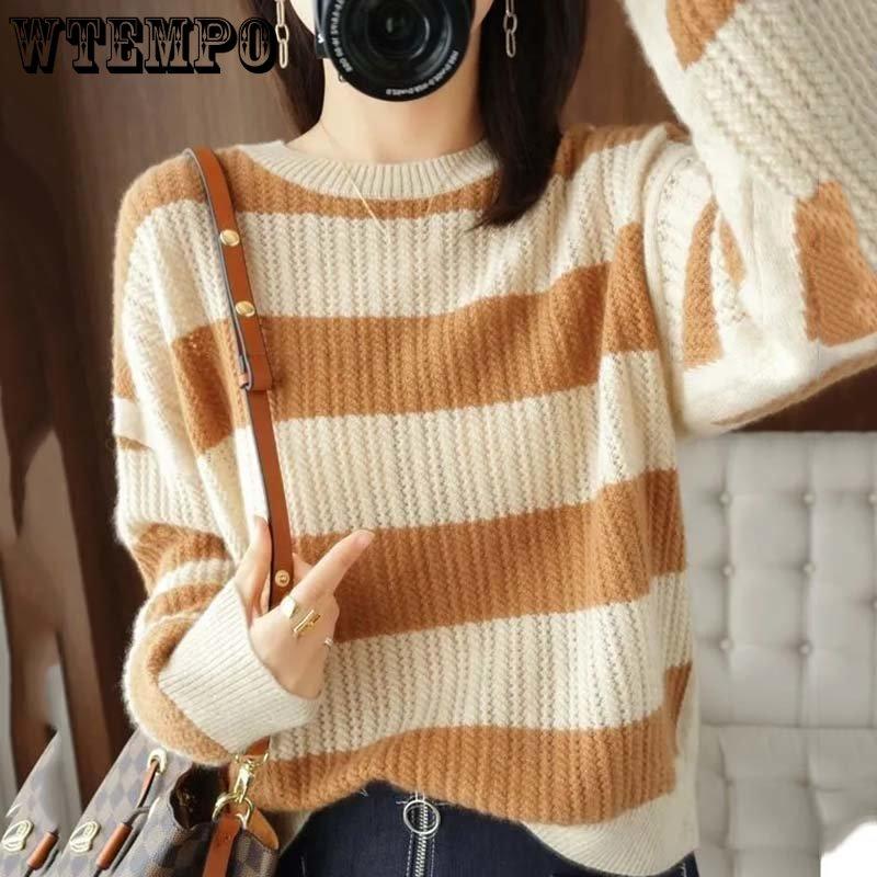 WTEMPO Lockere Pullover Streifen Damen Strickpullover Rundhals Langarm Oberteil Harajuku Büro Dame Lässig Unterhemd