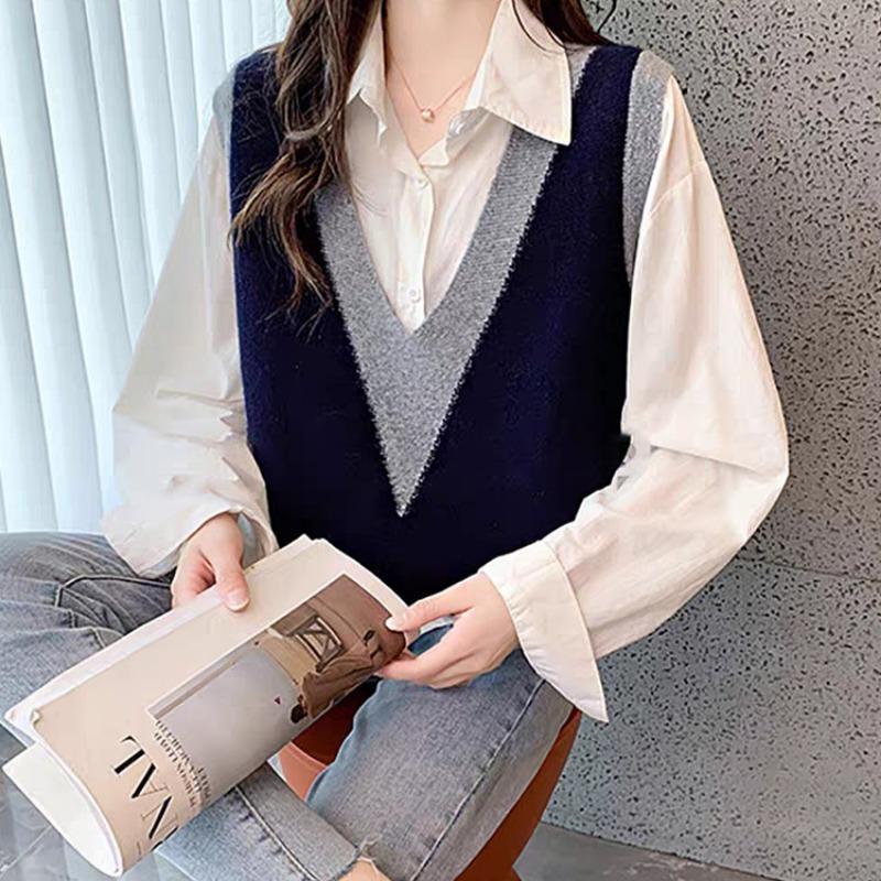 Damska kamizelka dzianinowa z dekoltem w serek Luźna, swobodna, bezrękawnik, sweter, koszulka na ramiączkach Modne, uniwersalne, dzianinowe kamizelki