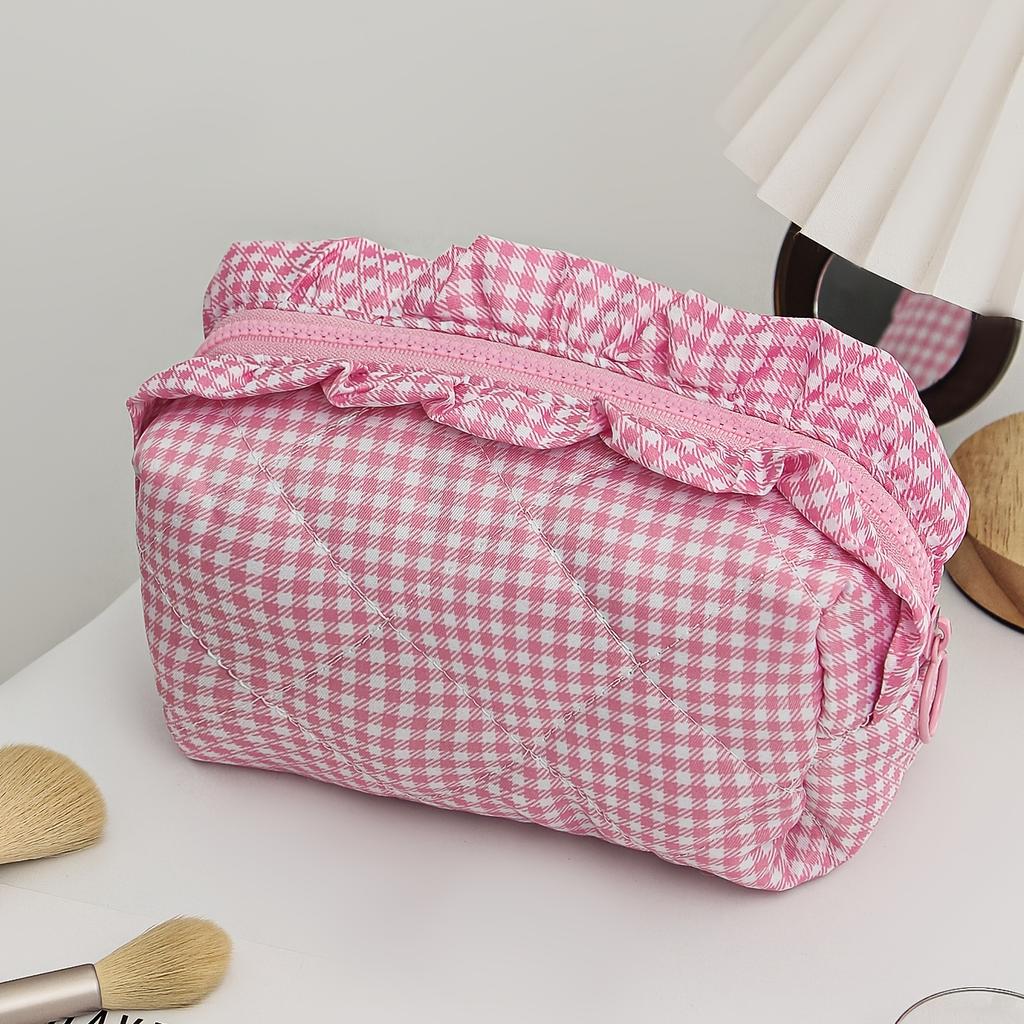 Plaid Quilted Makeup Bag, Large Capacity Portable Travel Toiletry Pouch