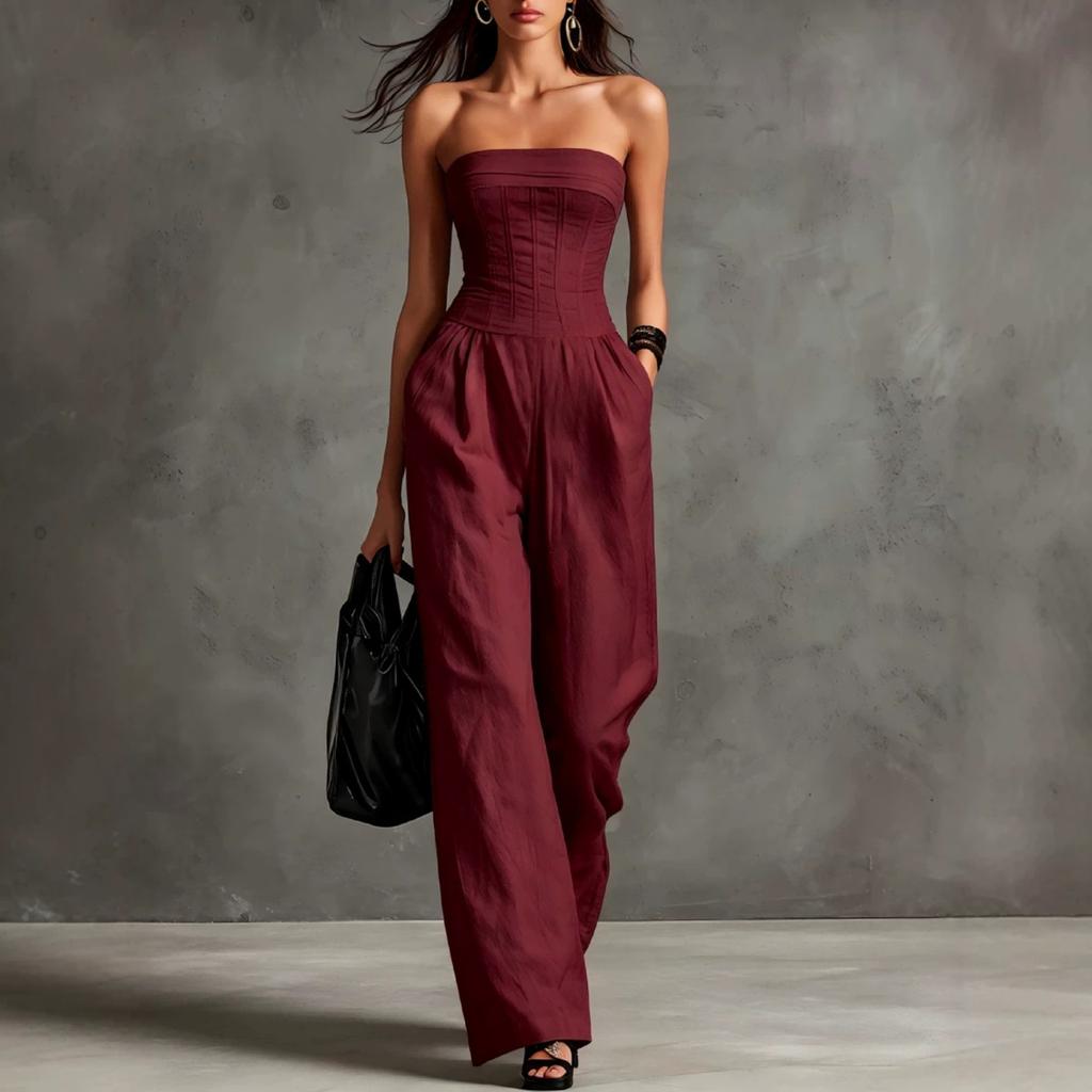 Women's Strapless Cotton Linen Jumpsuit Vintage Style Sleeveless Wide Leg Outfit for Casual or Formal Occasions