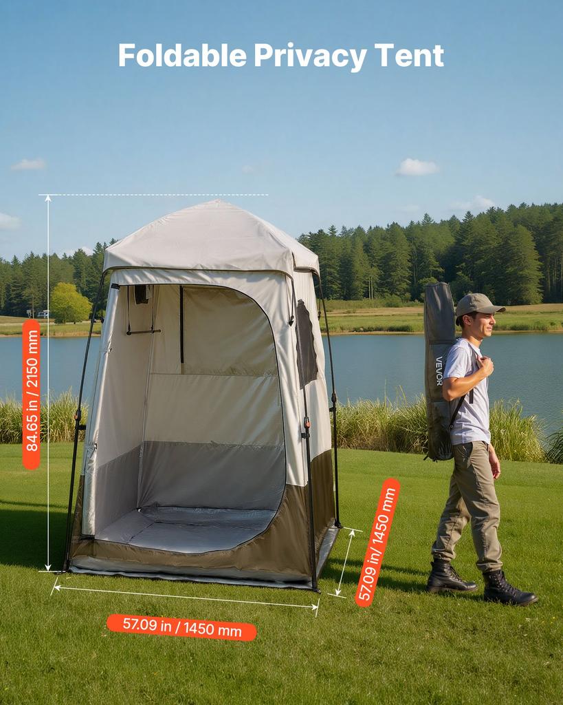 VEVOR Camping Shower Tent, 1 Room, Foldable Privacy Tent Changing Room with Ground Stakes, Ropes, Carry Bag, and Crossbar
