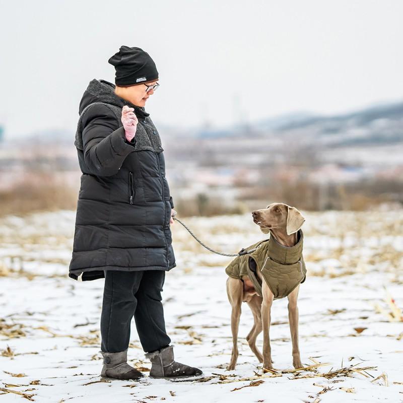 Thick Warm Dog Winter Coat Vest Outdoor Use Fleece Lined Pet Jacket In Grey Olive Green With Orange Trim