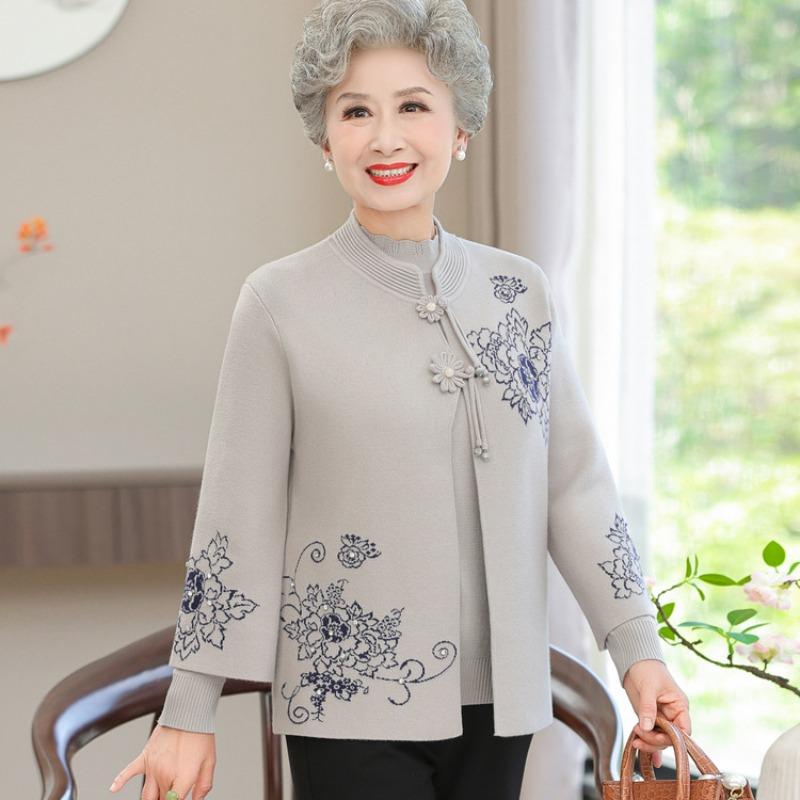 Grandma's Autumn Sweater Cardigan Middle Elderly Clothes Female Old Lady Two-piece Suit Year-old 0 Mother Coat